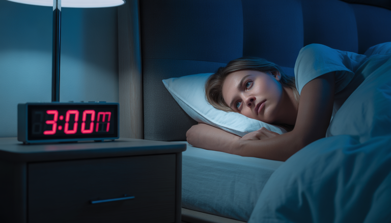 A woman lying awake in a dark bedroom at night, eyes open, staring at the ceiling. A digital clock on the nightstand glowing 3:00am in red.