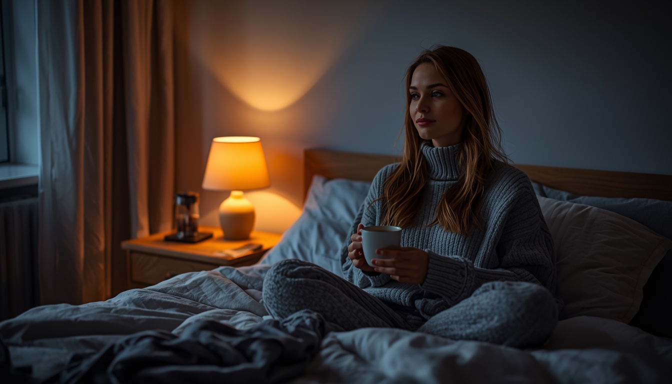 A cozy, dimly lit bedroom in the evening. Warm amber lighting from a bedside lamp. A woman in comfortable clothes sitting on a neatly made bed, holding a warm cup of tea. Soft shadows, calm atmosphere, minimalist Scandinavian interior.