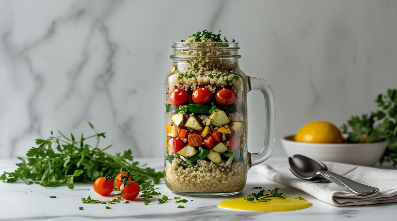 mason jar filled with meal preped quinoa and vegetables