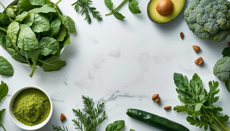 A stunning flat lay of fresh green foods on a white marble surface. Spinach, kale, avocado, broccoli, cucumber, fresh herbs, spirulina powder in a small bowl, matcha powder.