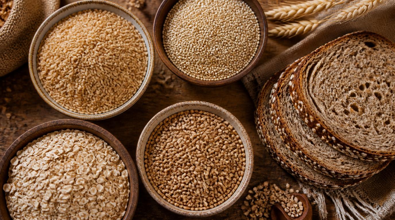 Whole grain foods including brown rice 
quinoa oats and whole grain bread as 
healthy food swaps