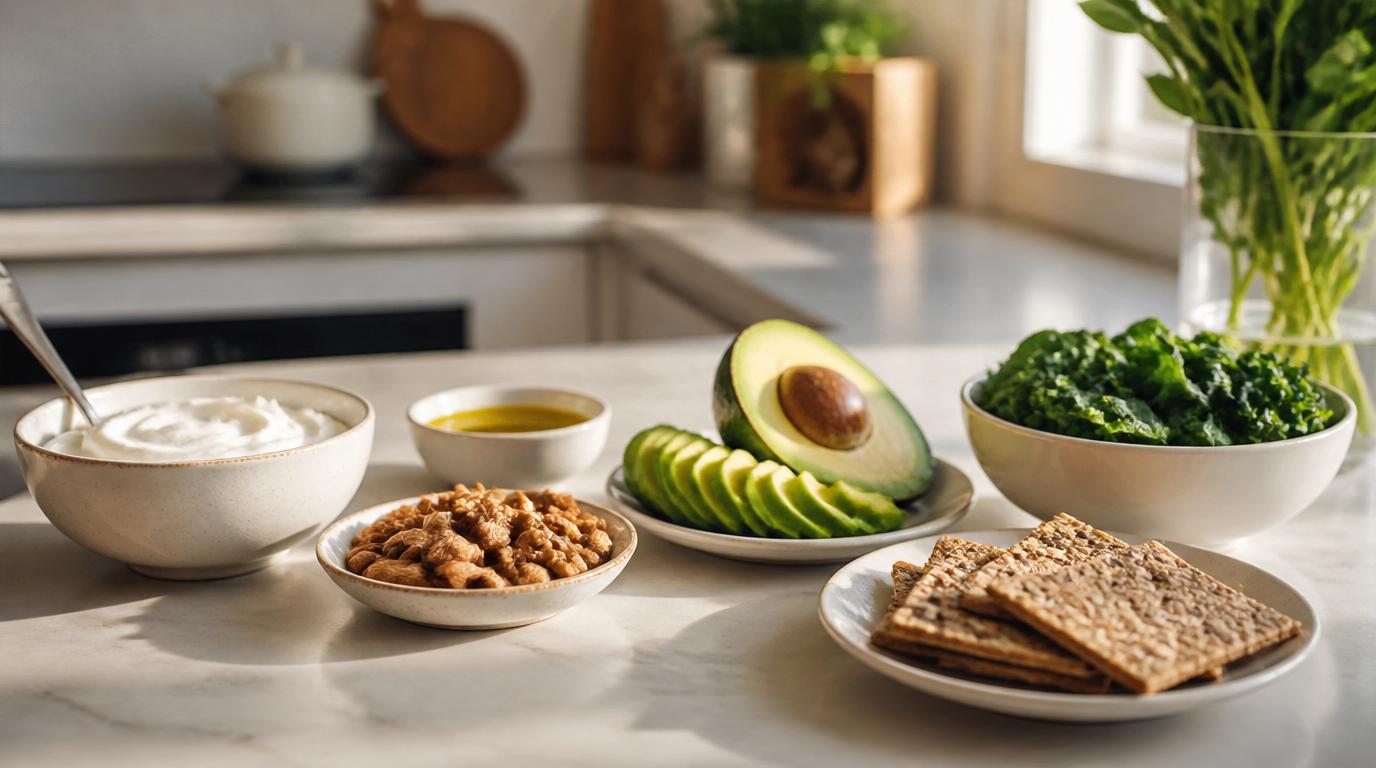 Healthy kitchen ingredients including 
Greek yogurt olive oil nuts and dark 
leafy greens for healthy food swaps
