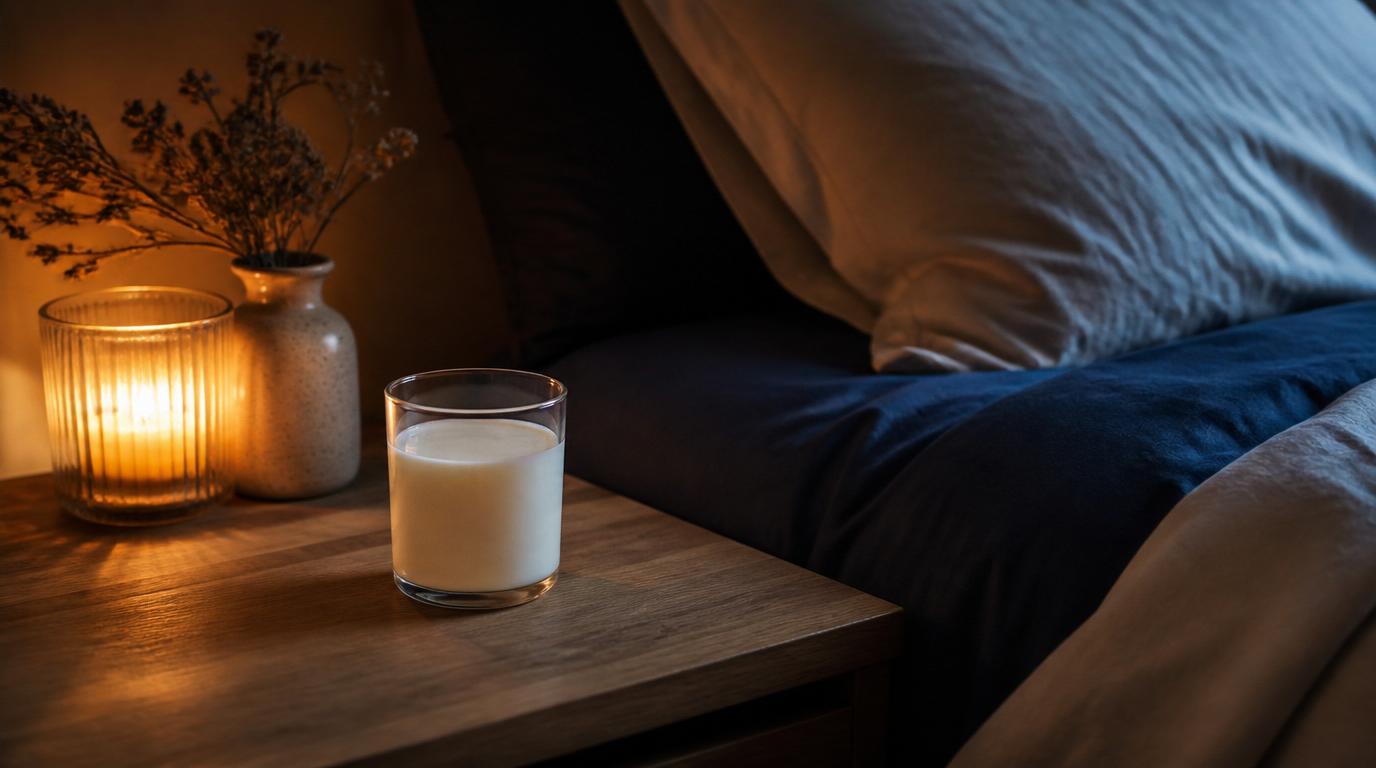 Evening gut health ritual with small 
glass of kefir journal and candlelight 
on wooden nightstand for better sleep