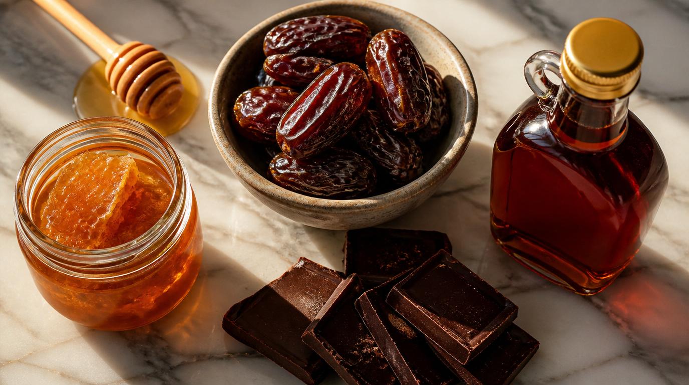 Natural sweetener alternatives including 
raw honey dates and maple syrup as 
healthy swaps for refined sugar