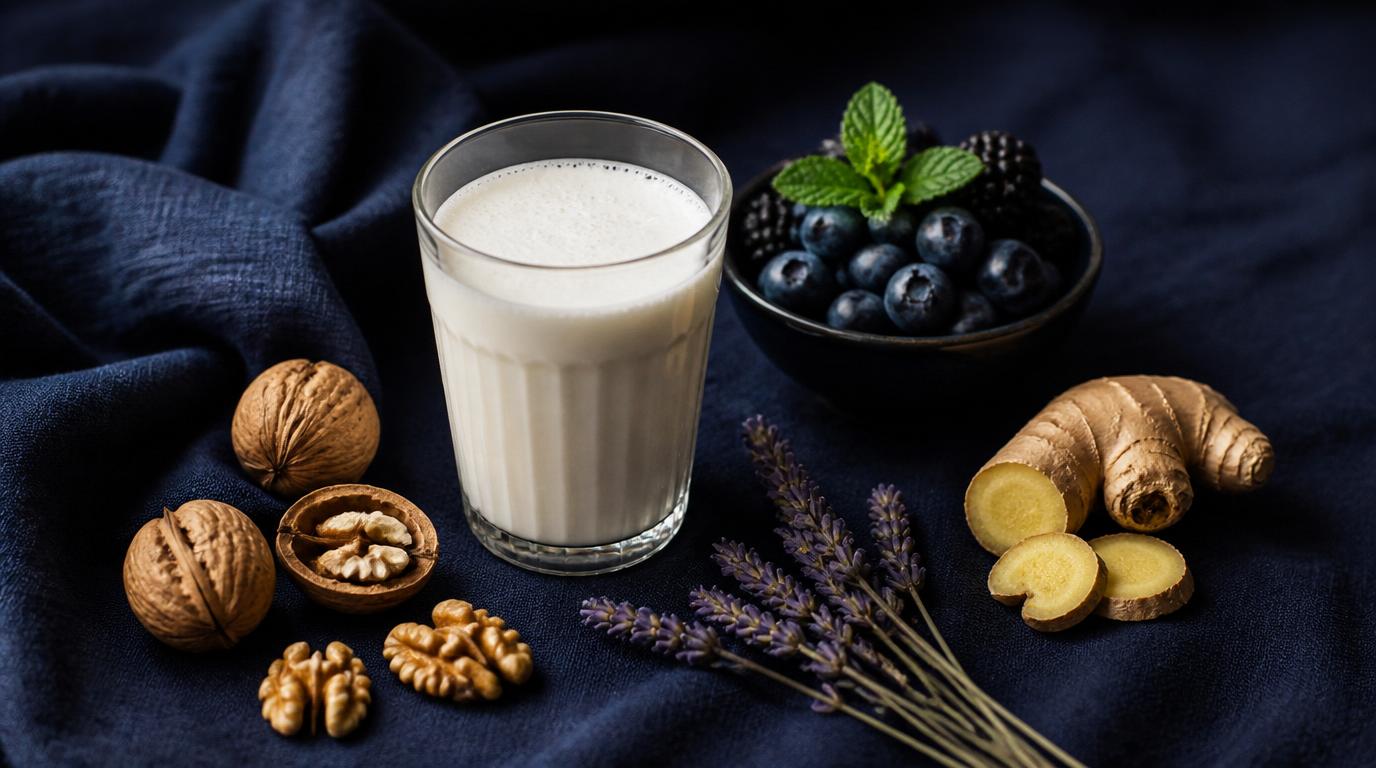 Gut healthy foods for better sleep 
including kefir yogurt sauerkraut 
oats walnuts and leafy greens on 
white marble