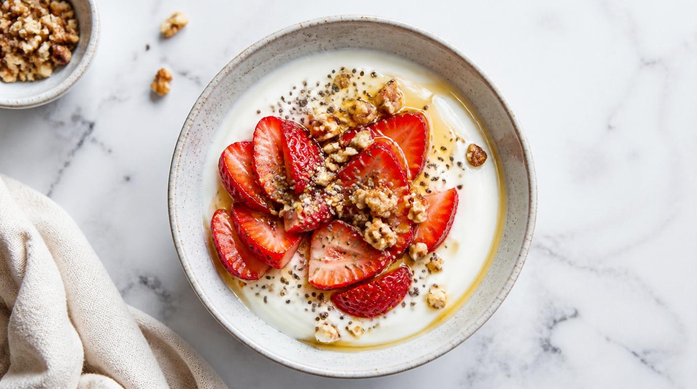 greek yogurt with sliced strawberries