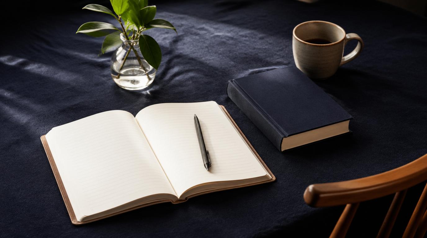 minimal flat lay on dark navy linen. Open journal