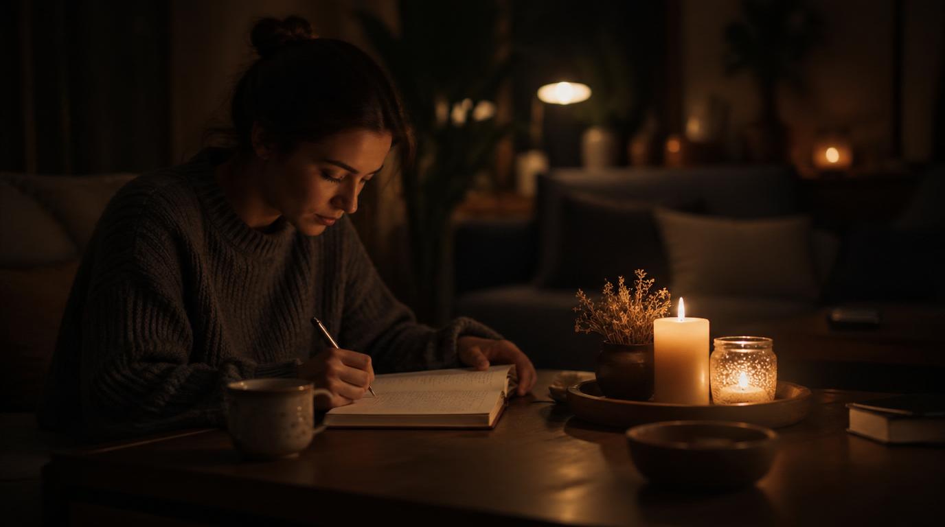 cozy evening scene with a woman writing in her journal