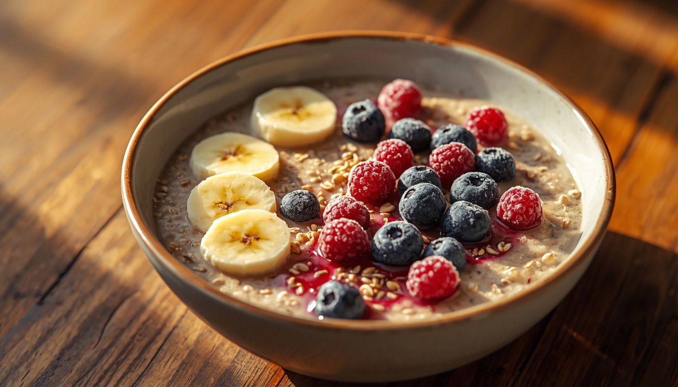 Protein porridge with banana and frozen 
berries in ceramic bowl with oat milk 
on wooden surface morning light