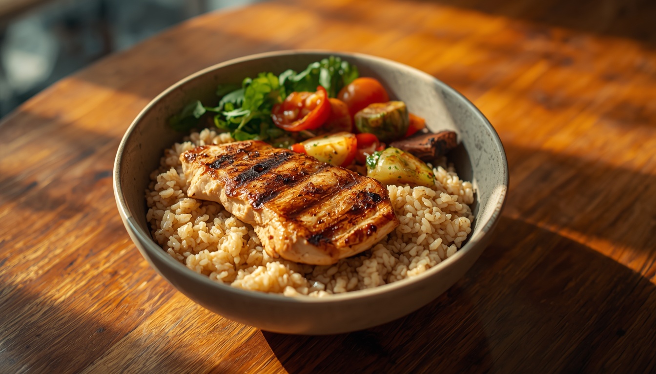 Post gym high protein lunch bowl with 
chicken brown rice roasted vegetables 
and greens on wooden table