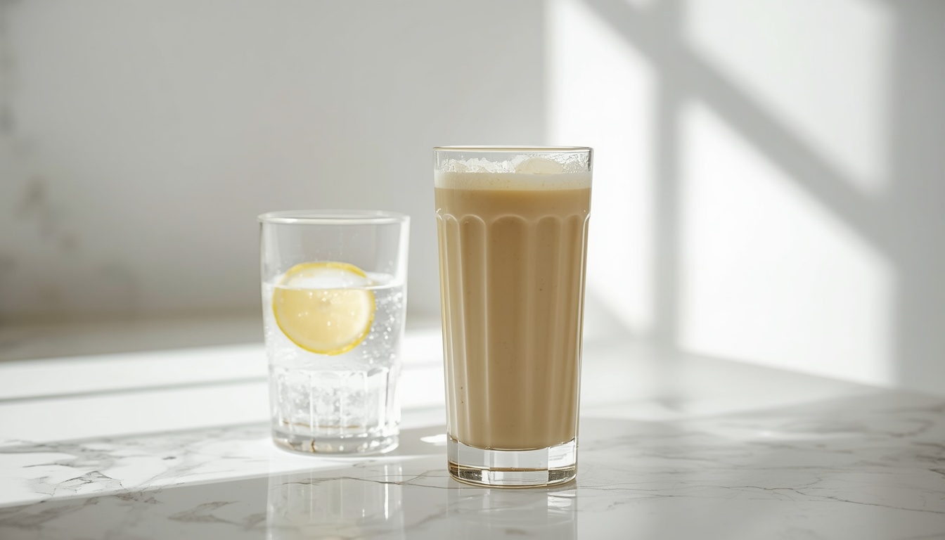 Morning protein shake next to glass 
of water with fresh lemon on white 
marble kitchen counter