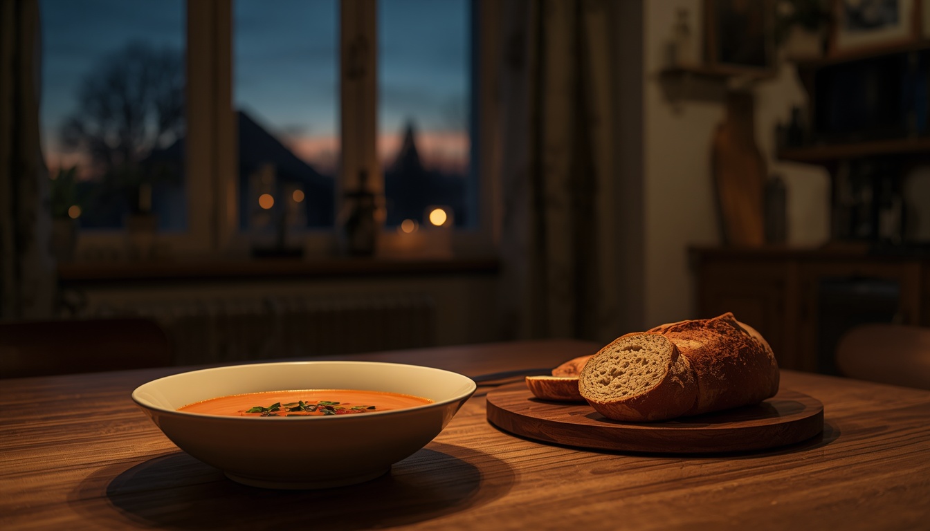 Evening eating habits for better sleep light meal of soup and bread in cozy 
kitchen with amber light at dusk