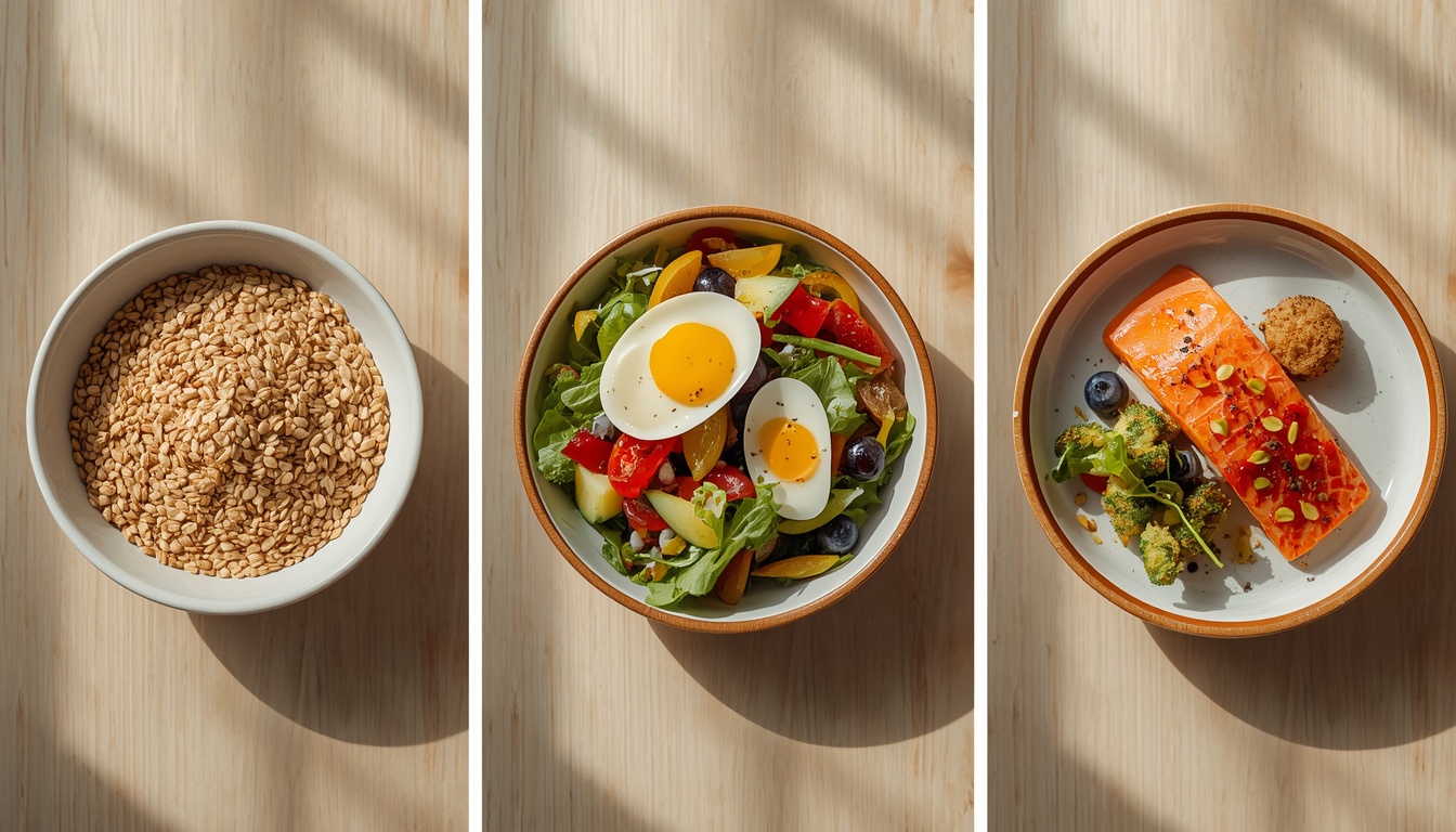 Meal timing for circadian rhythm showing breakfast lunch and dinner portions on wooden surface in natural light