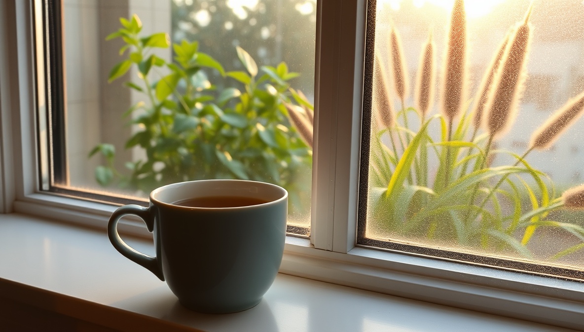 Morning tea on windowsill representing consistent sleep and wake routine