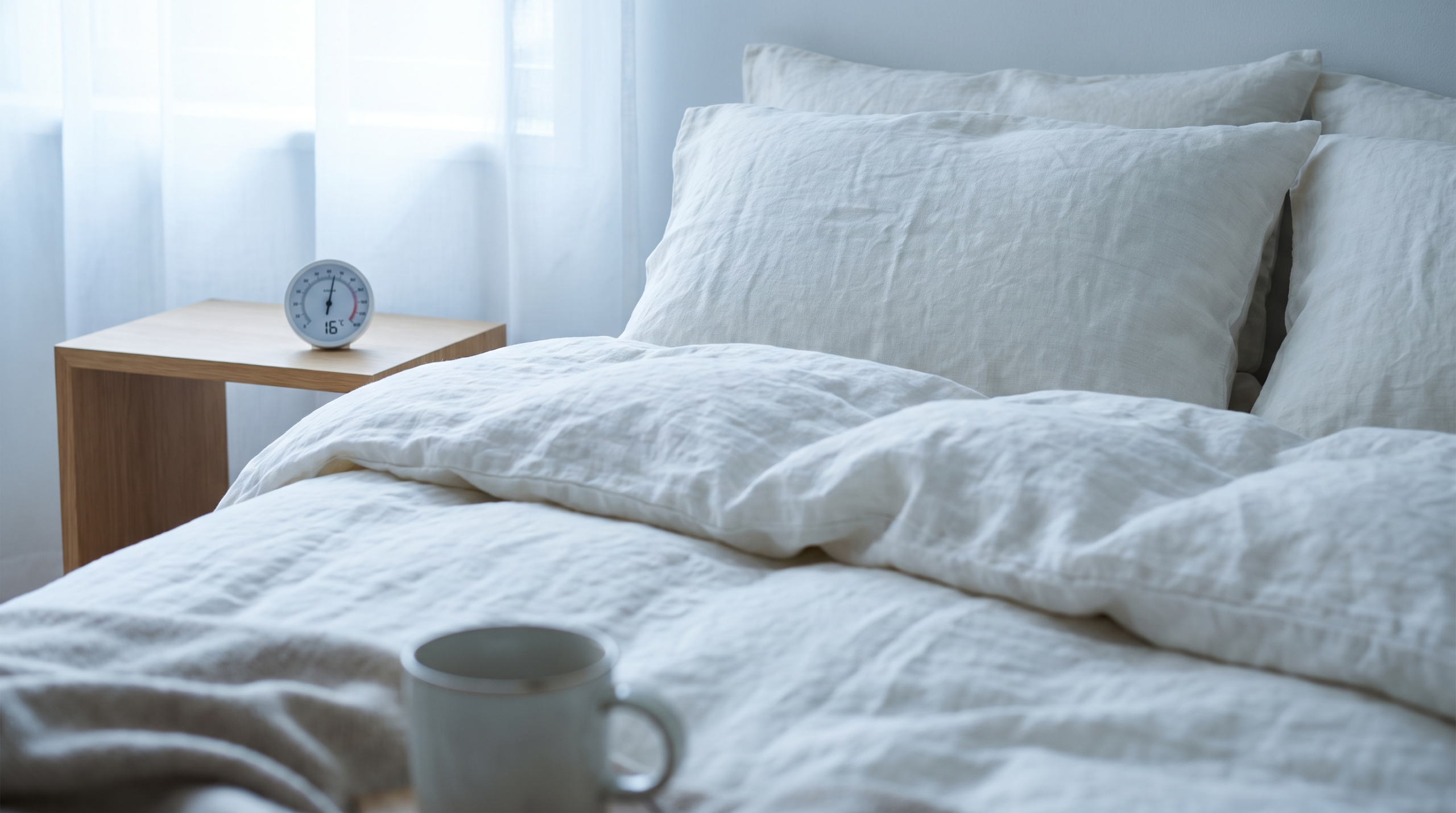 Crisp white linen bedding with thermometer 
on wooden nightstand in cool morning light 
representing optimal sleep temperature