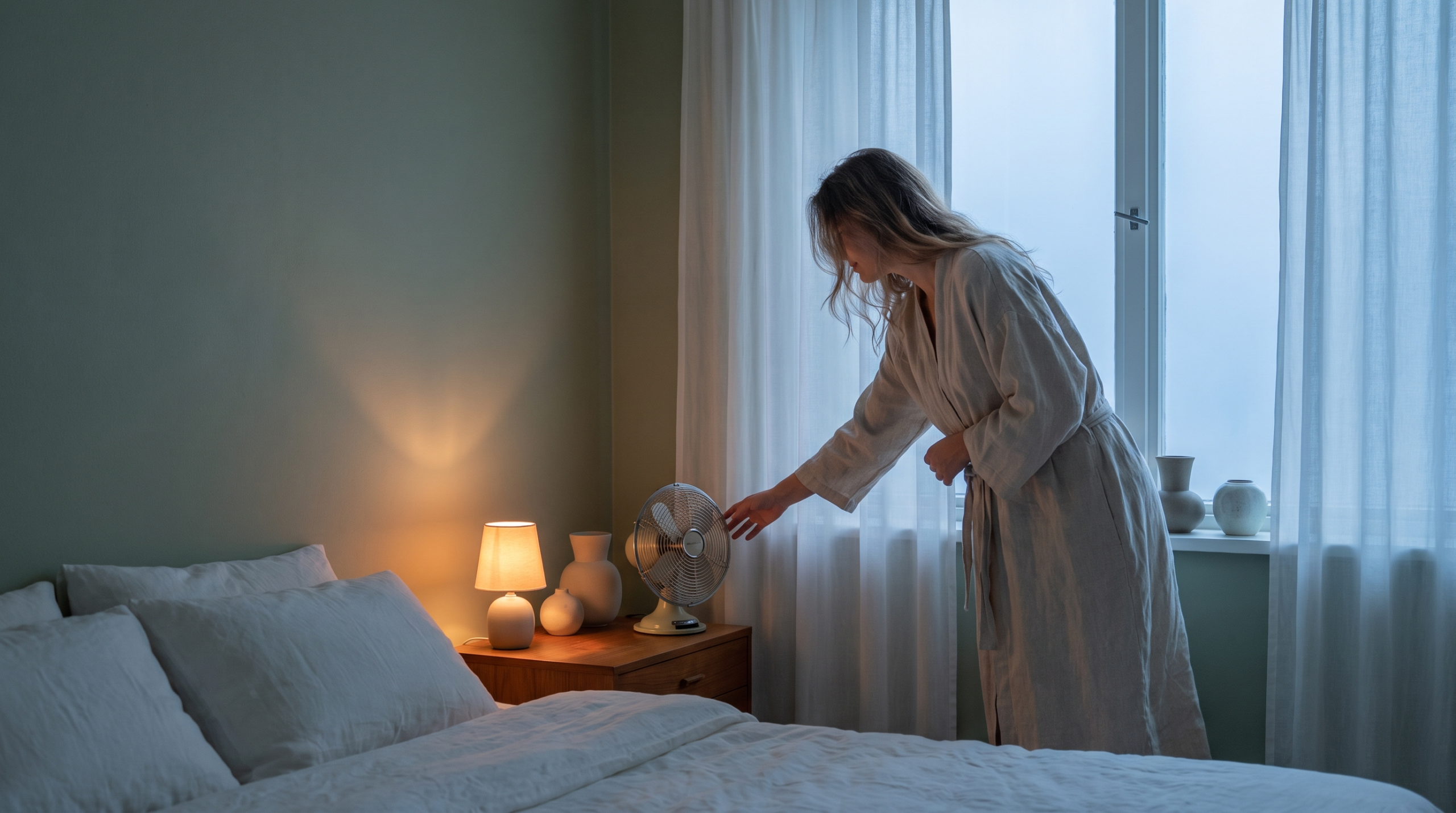 Woman in linen robe adjusting fan near 
bedroom window at dusk representing cool 
bedroom temperature evening routine for 
better sleep
