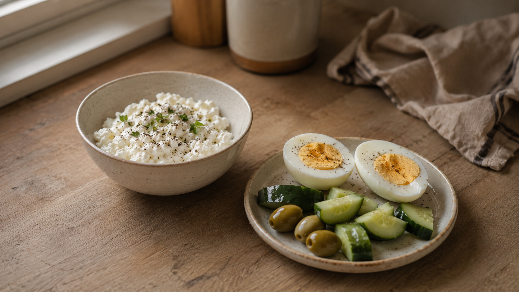 Cottage cheese with cucumber and herbs beside boiled eggs, olives and cucumber slices on a wooden kitchen counter.