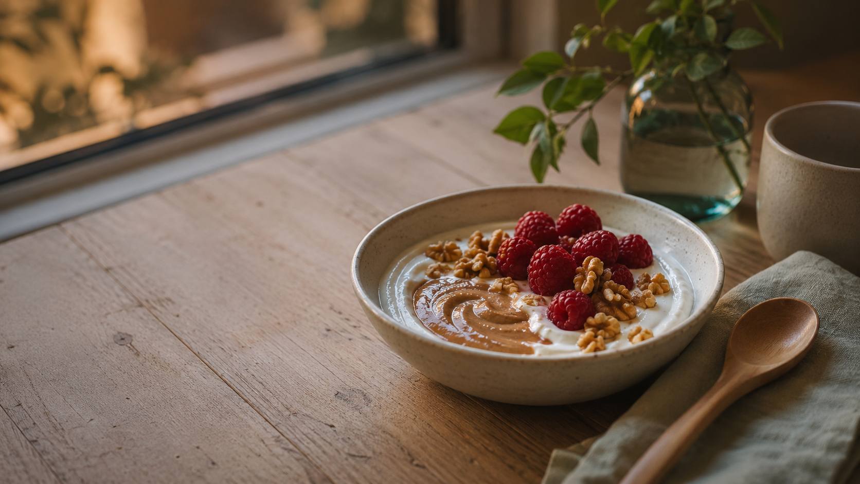 Bowl of full-fat Greek yoghurt with raspberries, walnuts and almond butter, one of my favorite keto protein snacks for evenings.