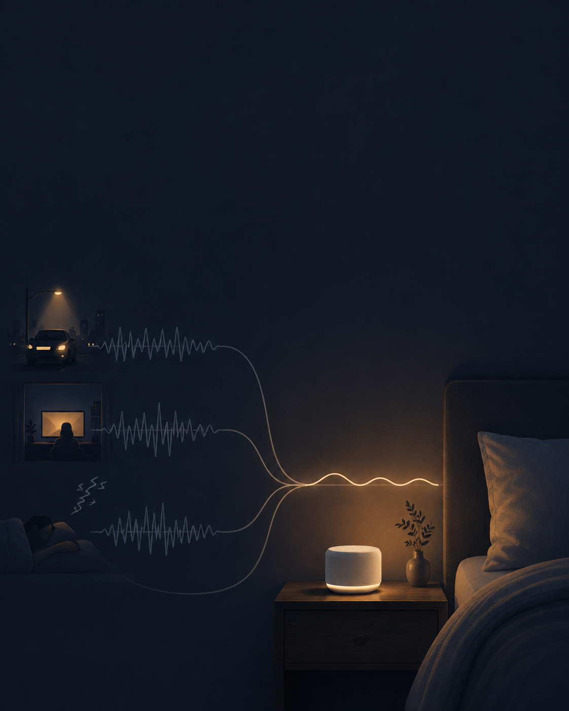 Illustration showing a white noise machine softening the impact of traffic, TV and snoring sounds in a bedroom.