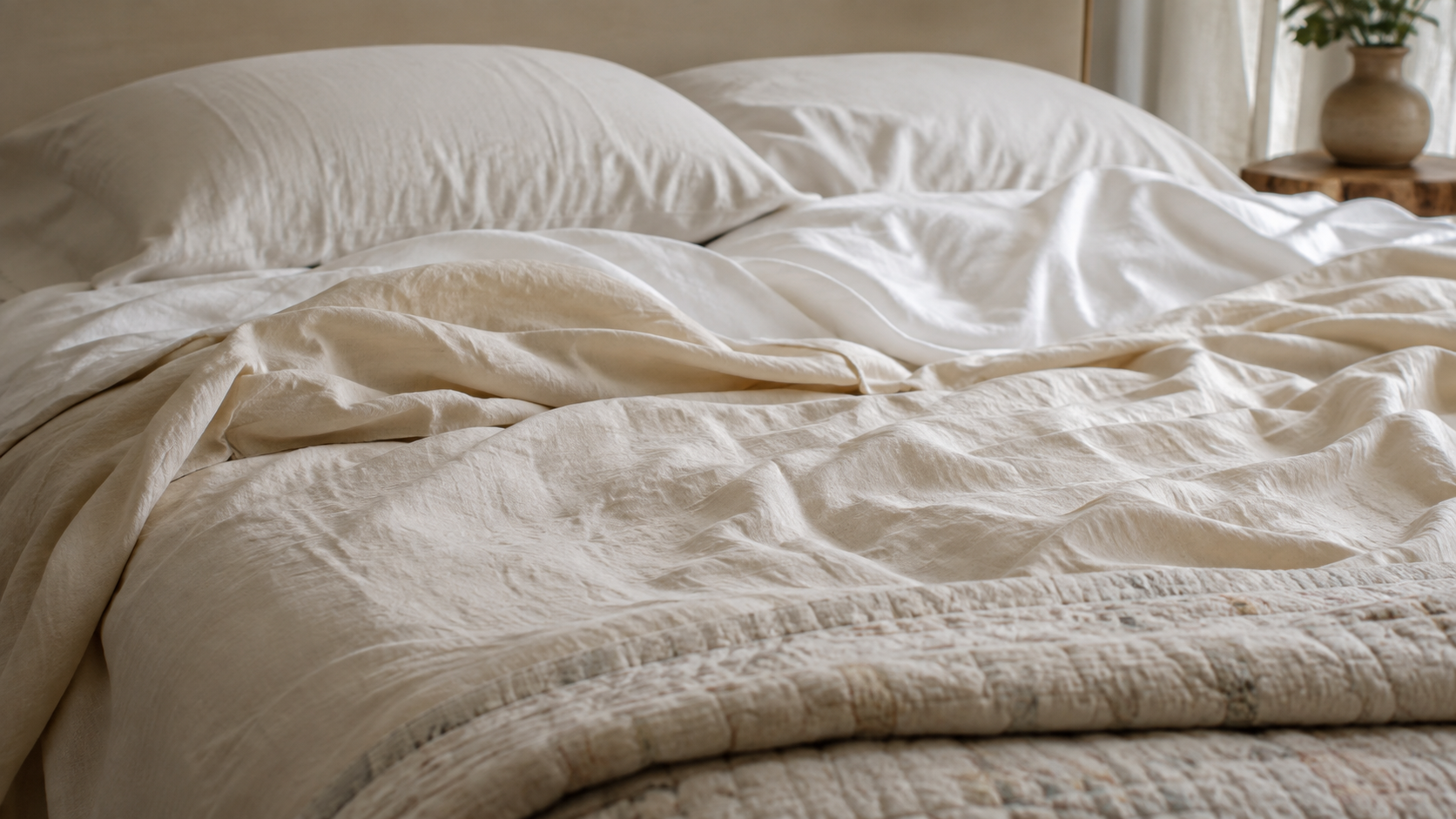 Lightweight natural linen bedding loosely arranged on a bed for hot sleepers who get hot when they sleep