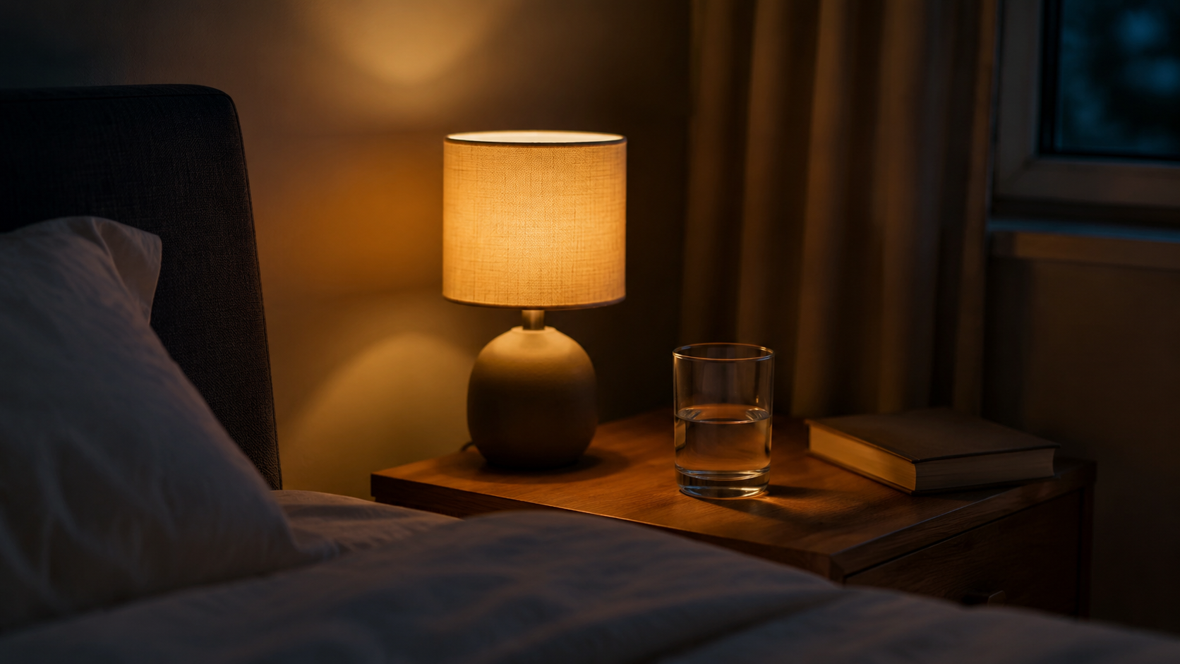 Dim bedroom with bedside lamp glass and book representing an evening routine and how dairy before bed affects sleep