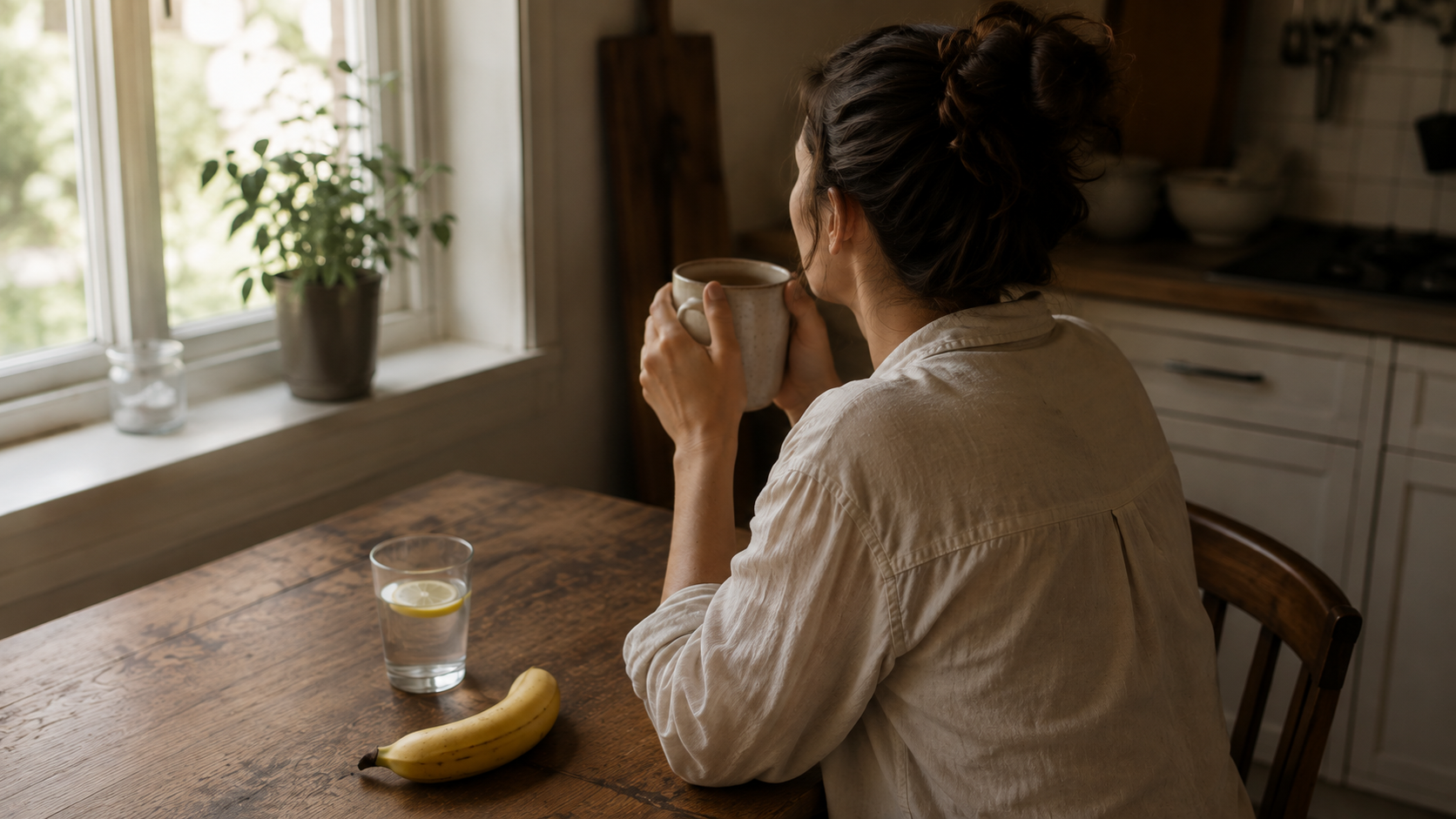 Morning coffee and cortisol routine woman with ceramic mug lemon water and banana on wooden kitchen table