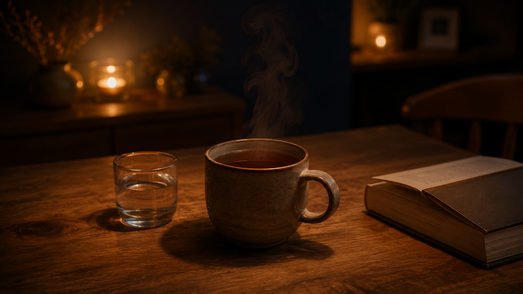 Cortisol diet evening wind down with herbal tea mug open book and candlelight on wooden table before sleep