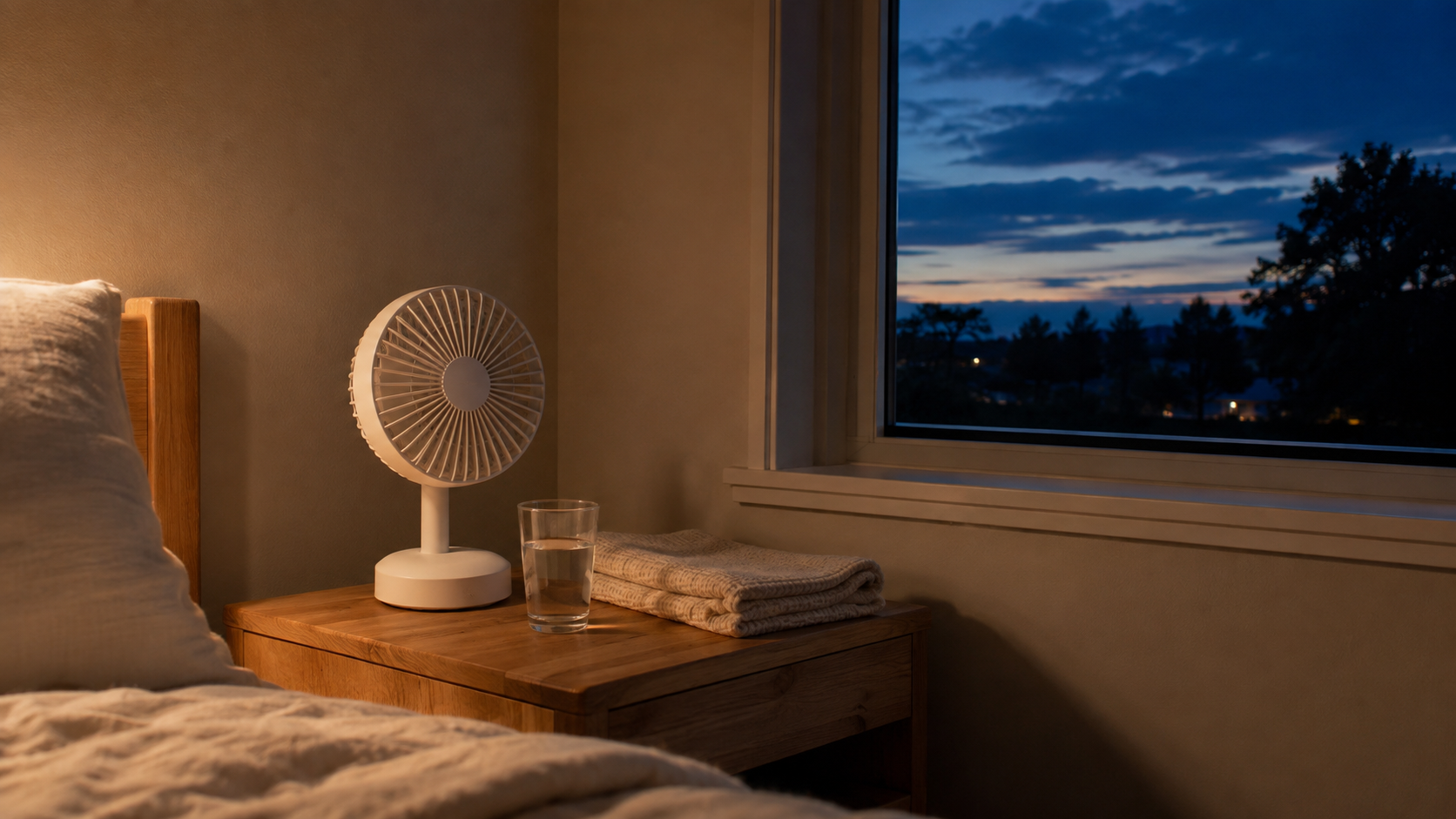 Small white bedroom fan next to glass of water on nightstand for cool airflow to prevent getting hot when sleeping