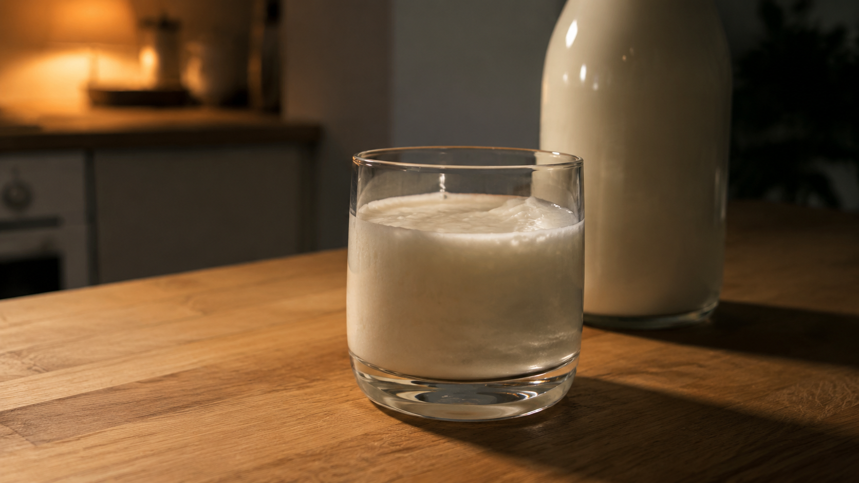 Small glass of kefir on a wooden counter in evening light representing fermented dairy before bed for gut health and sleep