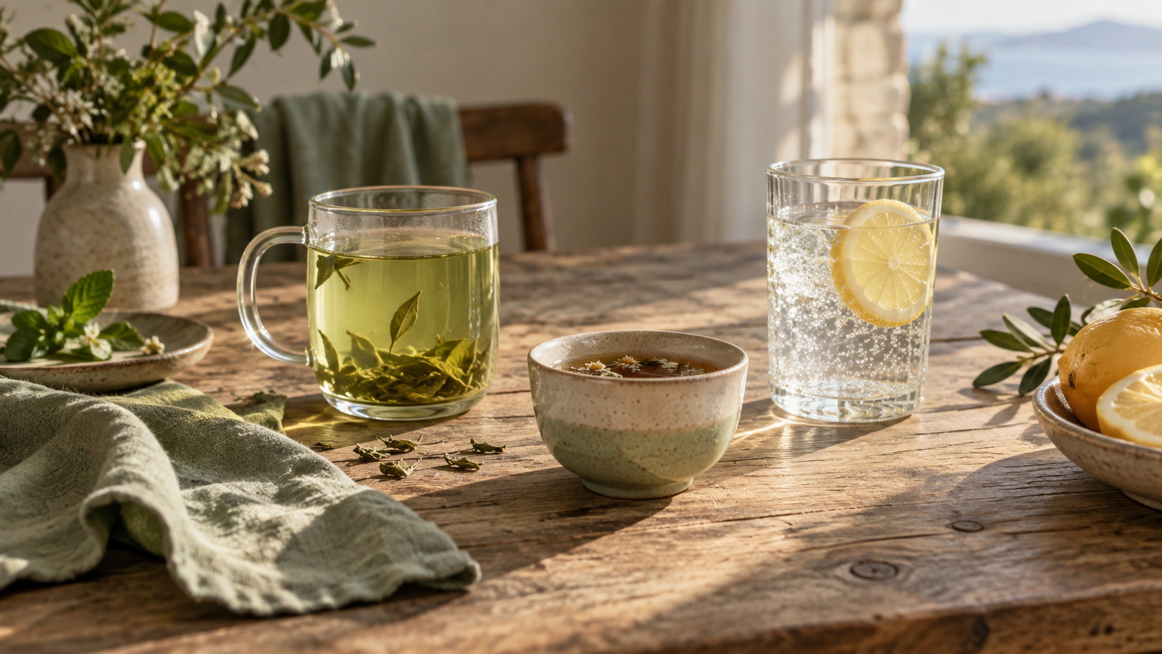 Green tea herbal tea and sparkling water on a wooden table as healthy afternoon coffee alternatives for better sleep
