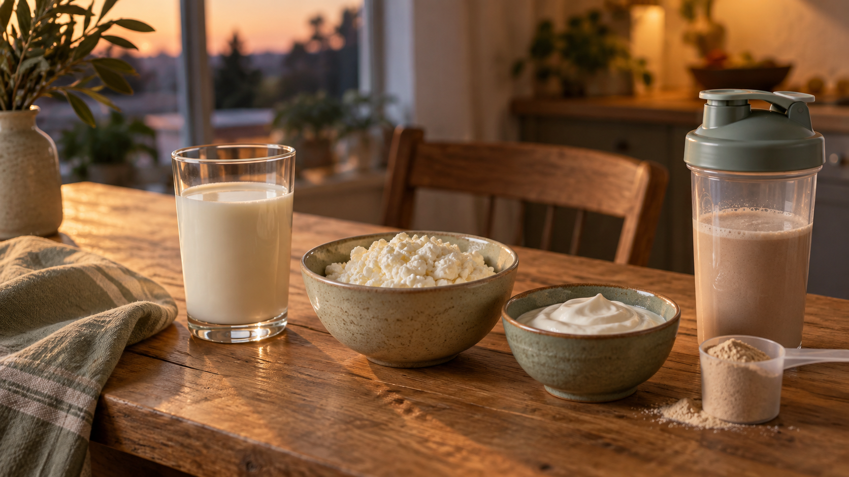 Greek yogurt cottage cheese milk and protein powder on a wooden table as casein rich protein sources before bed