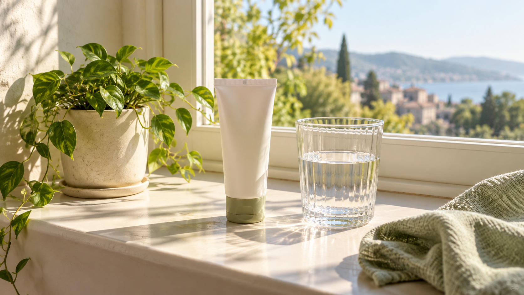 Sunscreen tube on a sunlit windowsill beside a glass of water representing daily SPF as the strongest defence against skin ageing