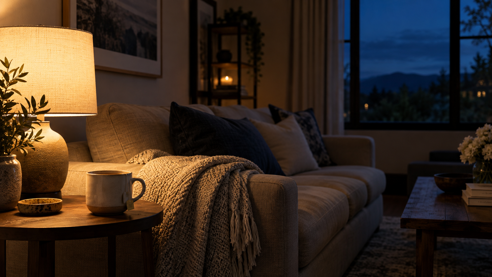 Herbal tea in warm lamp light in a dim living room representing the evening wind down after the daily caffeine cutoff