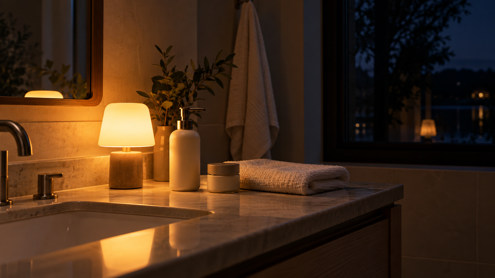 Cleanser and moisturiser on a bathroom counter in warm lamp light, an evening routine that supports sleep and skin repair