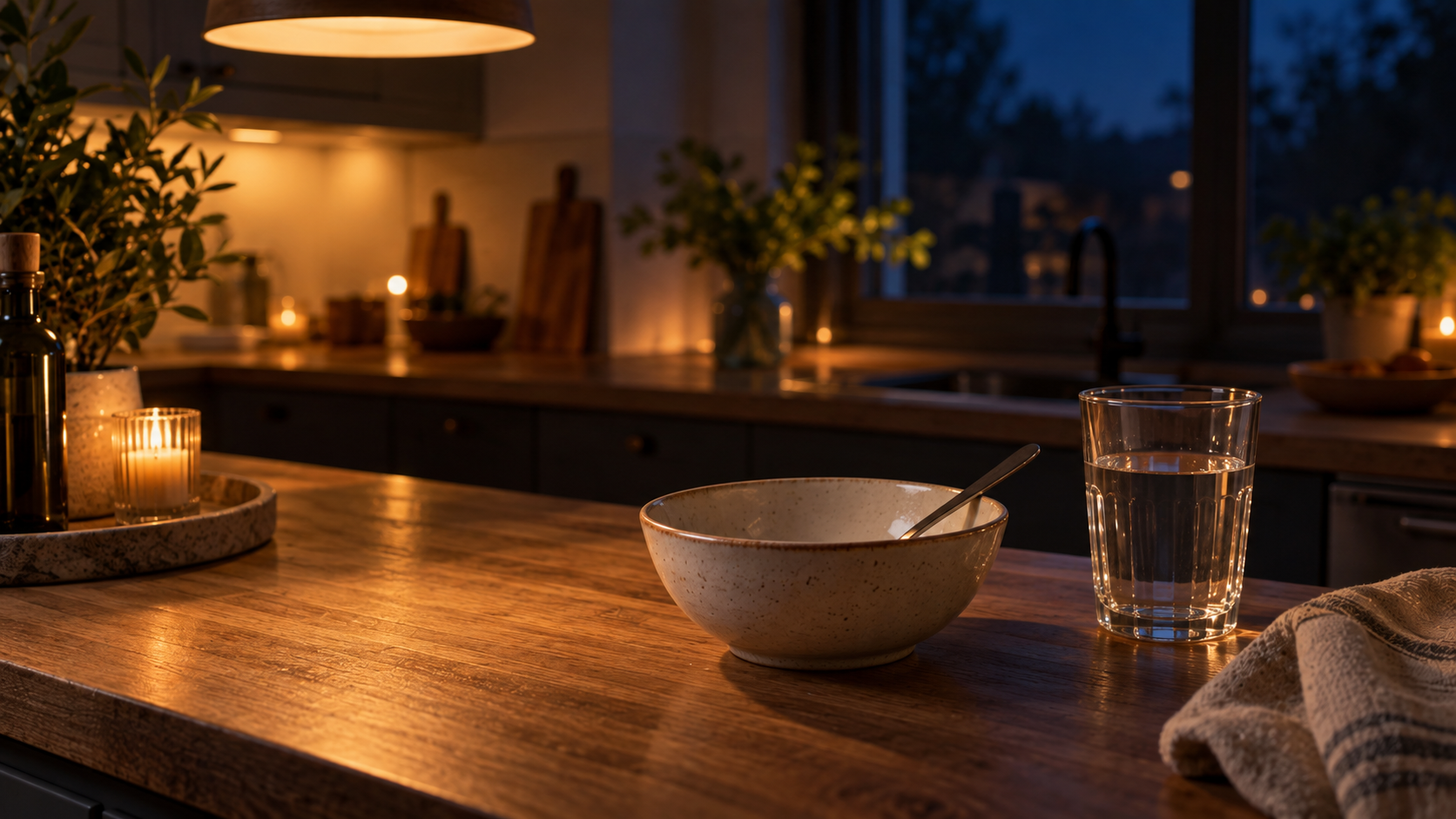Empty bowl and glass of water on a dim kitchen counter representing the evening routine after eating protein before bed