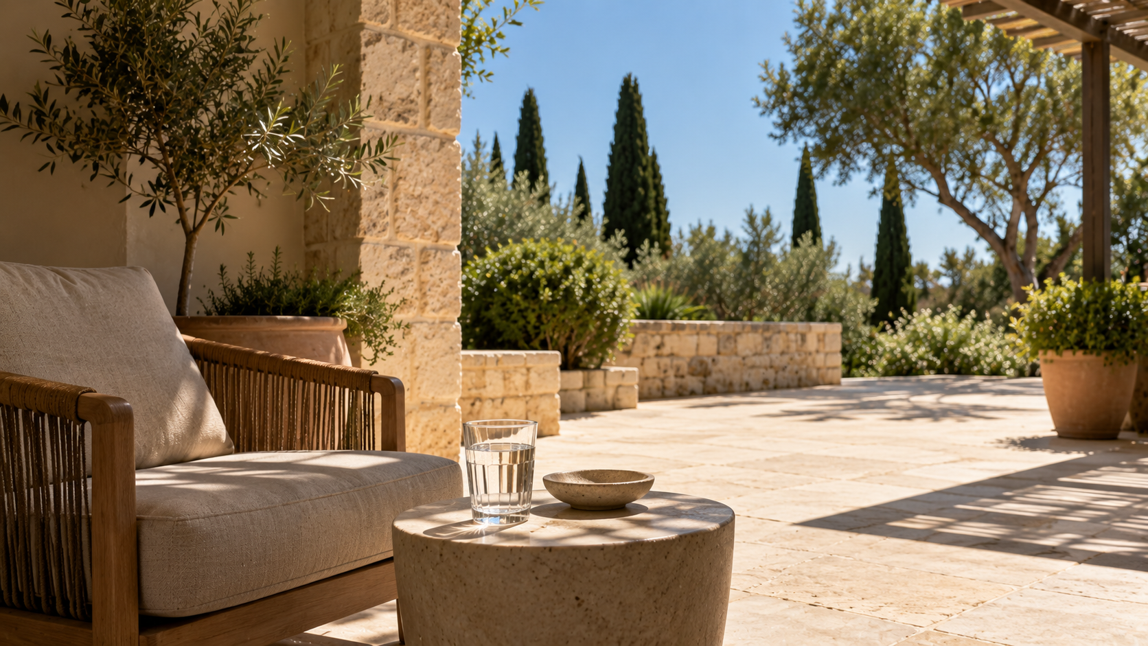 Sunlit stone terrace with a shaded seating area at midday representing sun avoidance and low vitamin D in hot countries