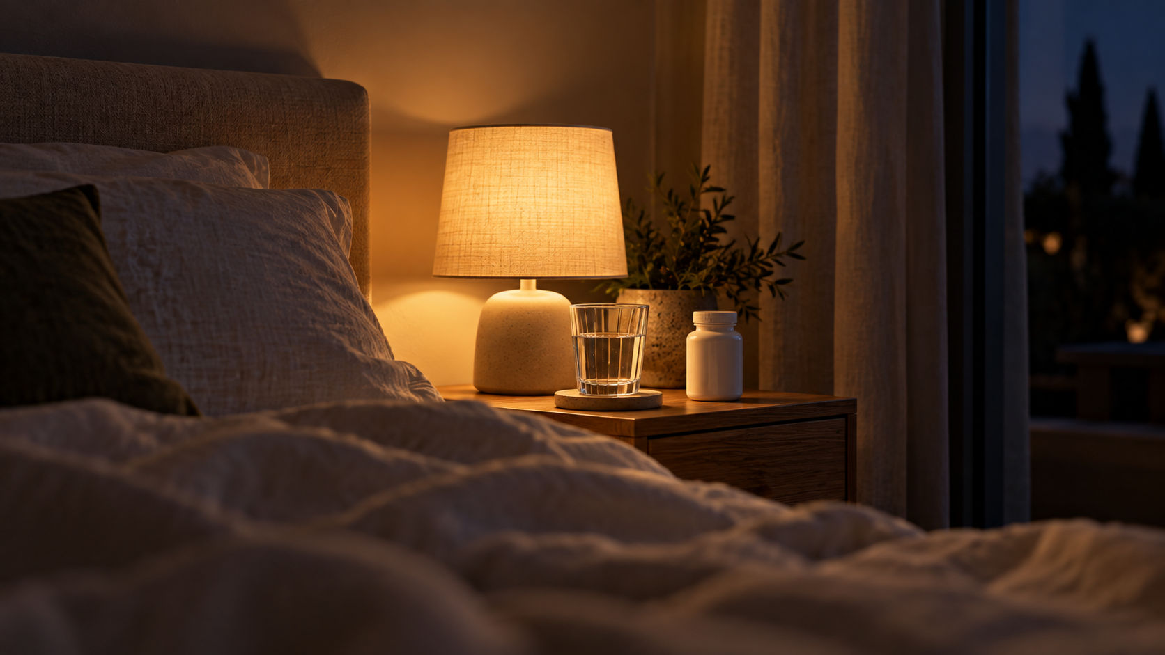 Glass of water and supplement bottle on a bedside table in warm lamp light representing vitamin D and sleep in an evening routine